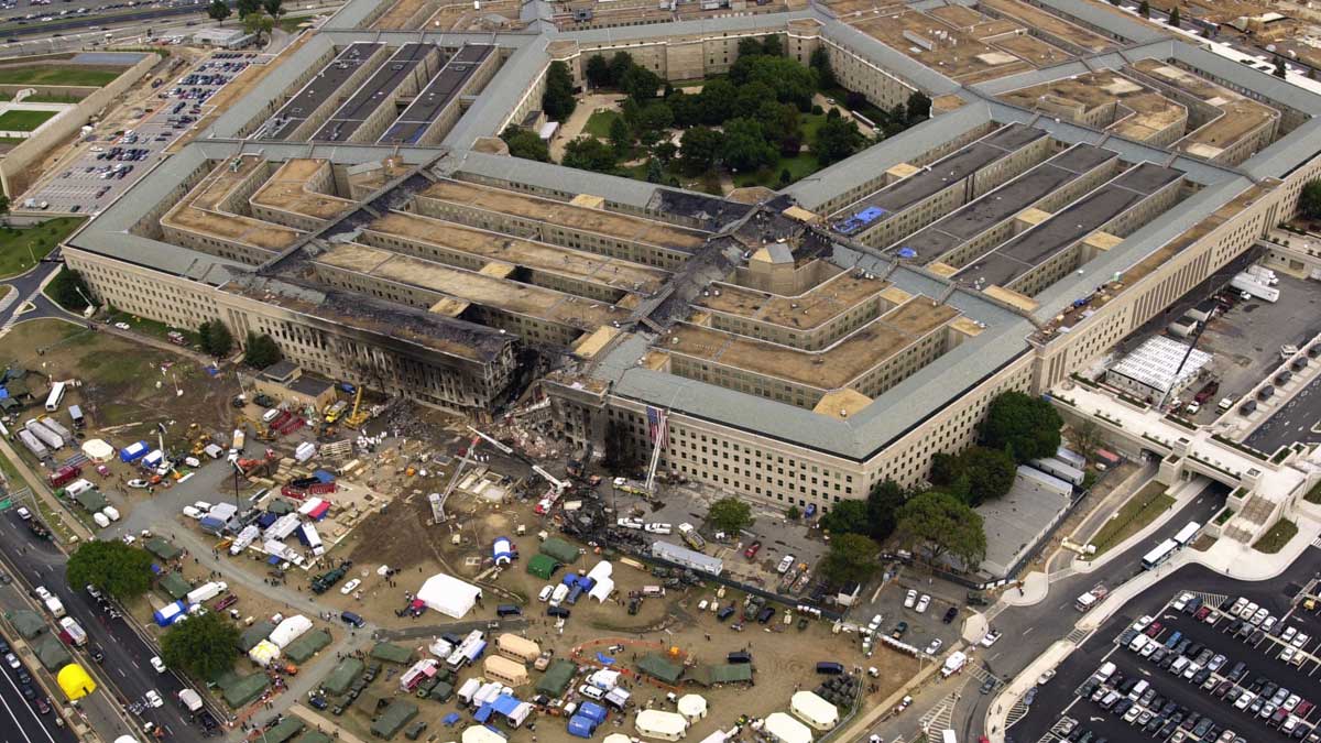 An aerial view of the Pentagon three days after American Airlines Flight 77 was flown into the building on September 11, 2001. (Tech. Sgt. Cedric Rudisill/US Air Force)