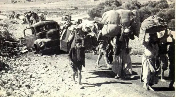 Palestinian refugees fleeing their homes in 1948, from the front cover of "The Birth of the Palestinian Refugee Problem" by Benny Morris (Public Domain)