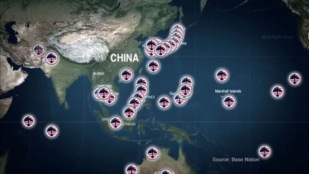 A map from John Pilger's film "The Coming War on China" showing US military bases surrounding China.