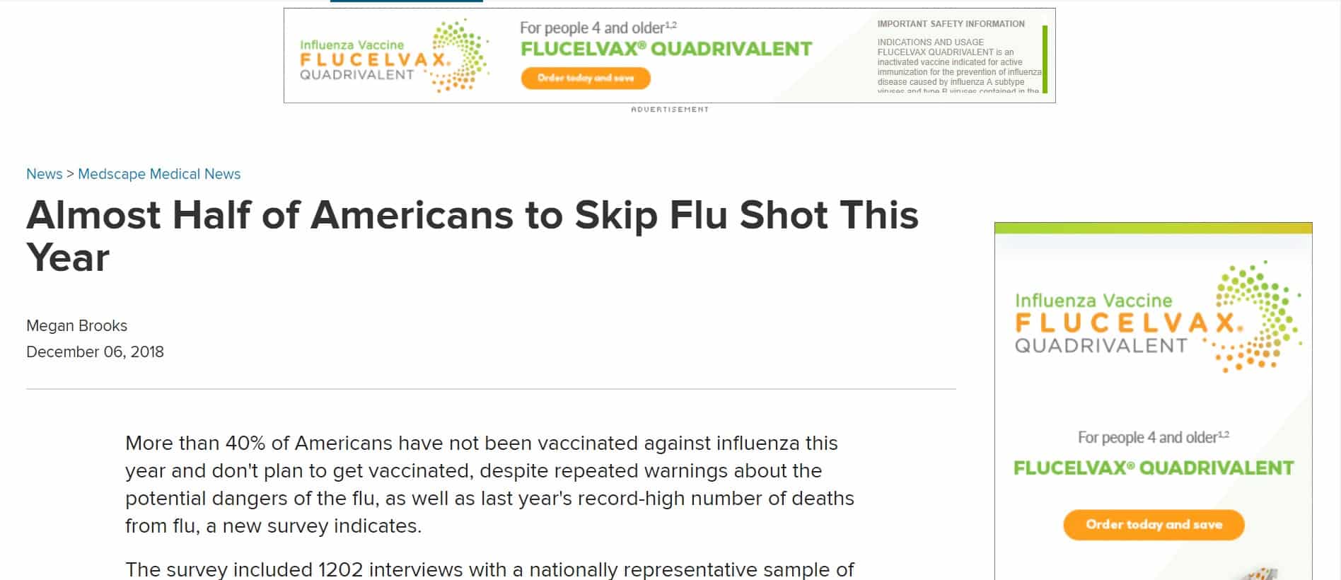 Medscape delivers flu shot propaganda while earning advertising revenue from vaccine manufacturers. (Screenshot taken December 8, 2018)