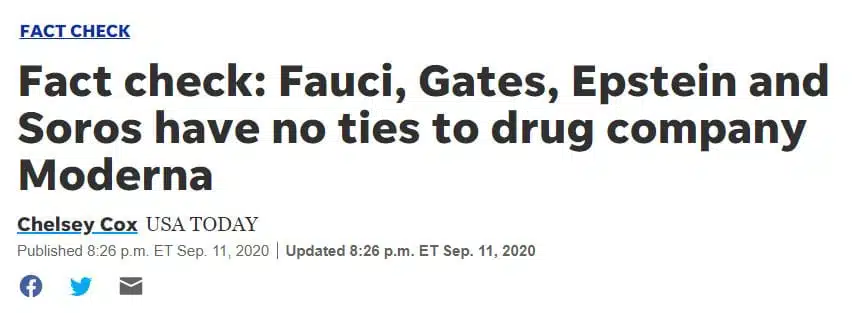 The original USA Today headline falsely claimed that Anthony Fauci and Bill Gates have "no ties" to COVID-19 vaccine manufacturer Moderna