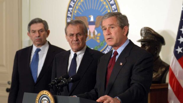 President George W. Bush with neocons Donald Rumsfeld, the Secretary of Defense, and Paul Wolfowitz, the Deputy Secretary of Defense (Department of Defense/Public Domain)