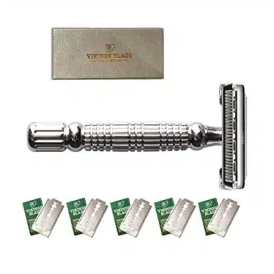 Double Edge Safety Razor by VIKINGS BLADE Fat Short Handle Swedish Steel Blades Pack Luxury Case Twist to Open Heavy Duty Reduces Razor Burn Smooth Close Clean Shave Model The Chieftain 0