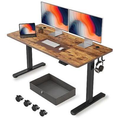 FEZIBO 63 x 24 Inches Standing Desk with Drawer Adjustable Height Electric Stand up Desk Sit Stand Home Office Desk Ergonomic Workstation Black Steel FrameRustic Brown Tabletop 0