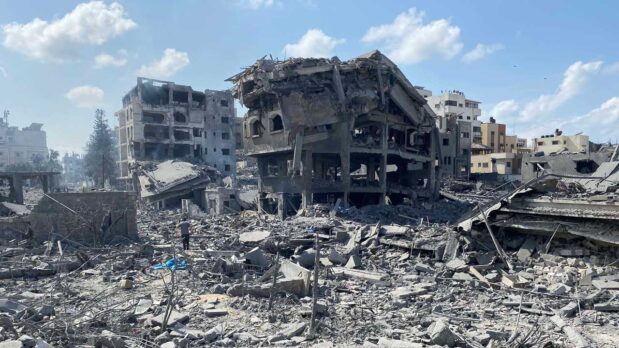 Damage from an Israeli airstrike on the El-Remal area in Gaza City on October 9, 2023 (Wafa news agency, licensed under CC BY-SA 3.0 DEED)