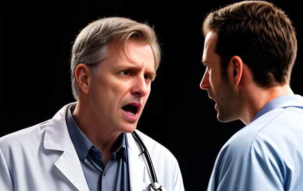 An angry doctor arguing with a patient.